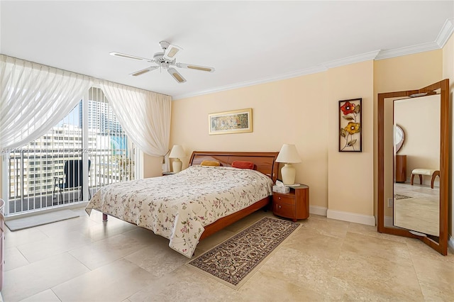 bedroom featuring access to exterior, ceiling fan, and ornamental molding