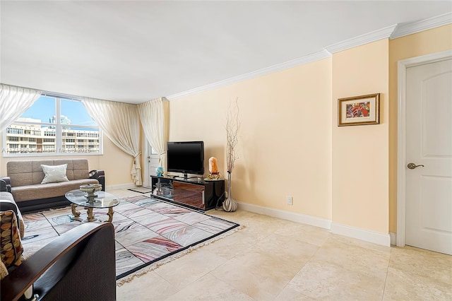 living room with ornamental molding