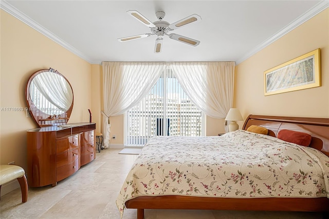 bedroom with ceiling fan, access to exterior, and ornamental molding