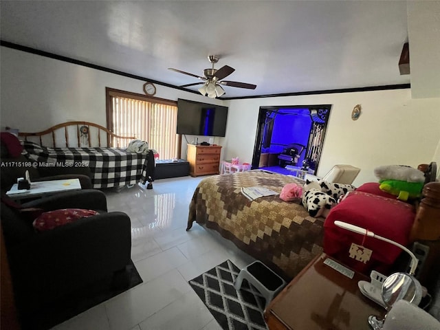 bedroom with ceiling fan, light tile patterned floors, and ornamental molding