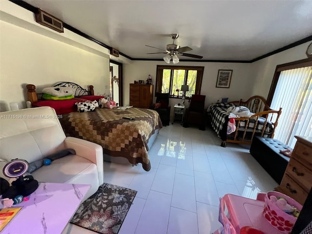 bedroom featuring ceiling fan and ornamental molding