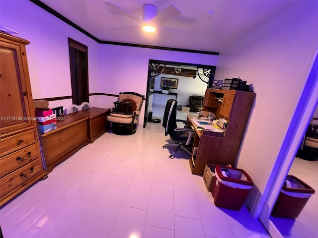 home office featuring ceiling fan and ornamental molding