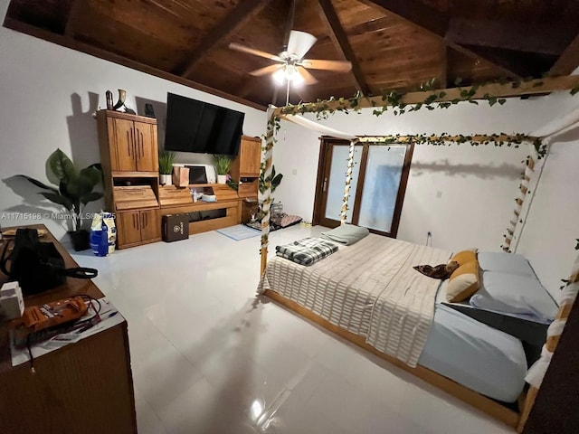 bedroom featuring vaulted ceiling with beams, ceiling fan, and wood ceiling