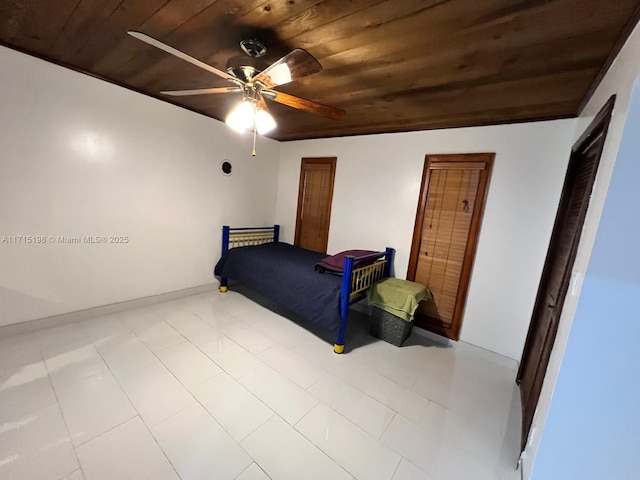 bedroom featuring ceiling fan and wood ceiling