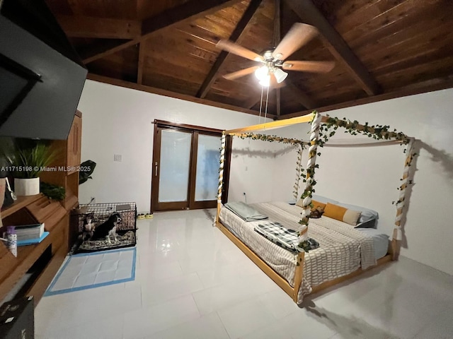 bedroom with vaulted ceiling with beams, ceiling fan, and wood ceiling