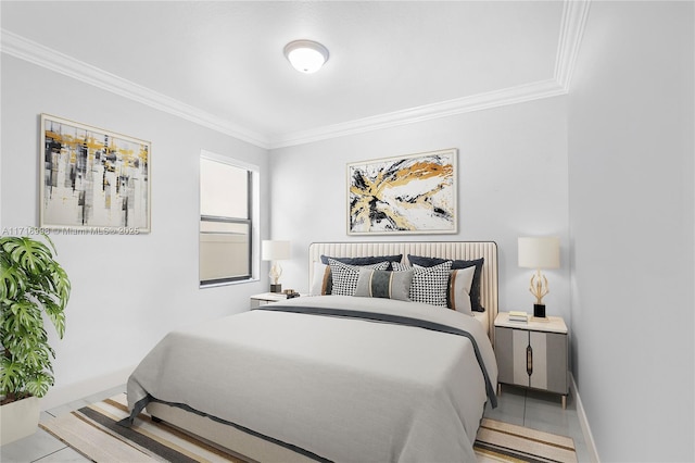 bedroom featuring light tile patterned floors and ornamental molding