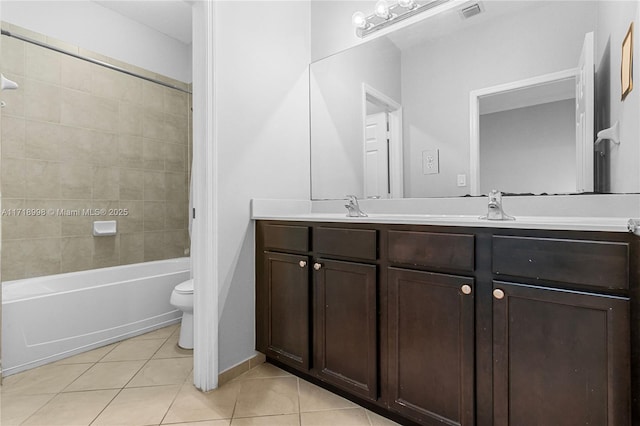 full bathroom featuring tile patterned flooring, vanity, toilet, and tiled shower / bath