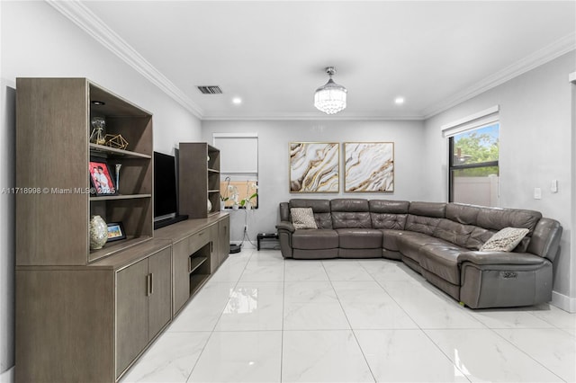 living room featuring crown molding