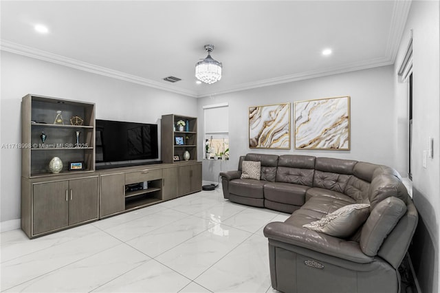 living room featuring a notable chandelier and ornamental molding