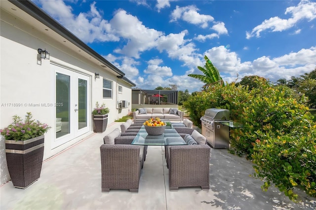 view of patio / terrace with outdoor lounge area, cooling unit, grilling area, and french doors