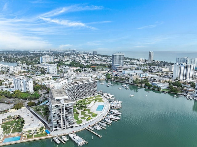 bird's eye view with a water view