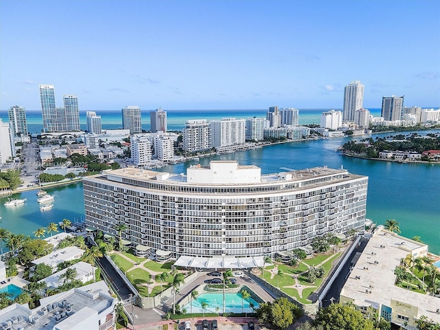 aerial view featuring a water view