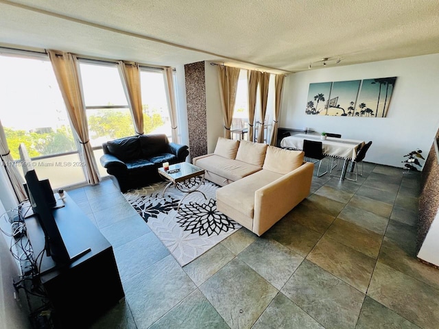 living room featuring rail lighting and a textured ceiling