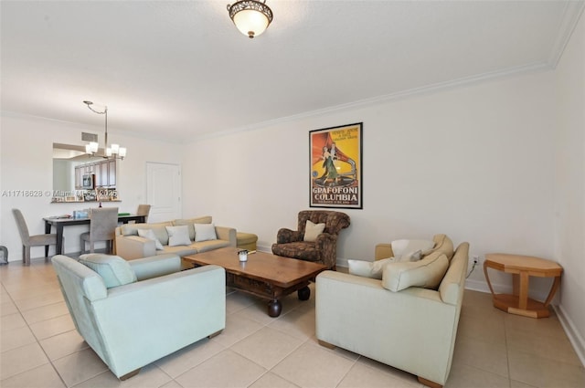 living room with crown molding, light tile patterned flooring, and an inviting chandelier