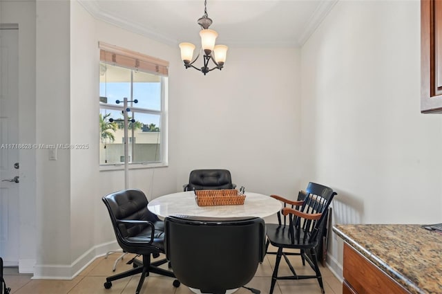 dining area featuring crown molding, an inviting chandelier, and light tile patterned flooring