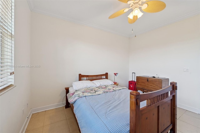 tiled bedroom featuring ceiling fan and ornamental molding