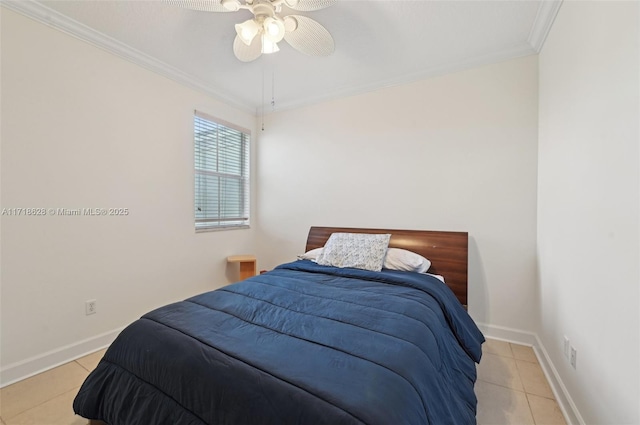 bedroom featuring ceiling fan, light tile patterned floors, and crown molding