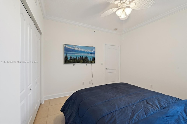 bedroom featuring crown molding, light tile patterned flooring, and ceiling fan