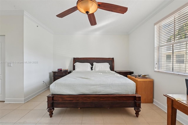 tiled bedroom featuring ceiling fan and ornamental molding