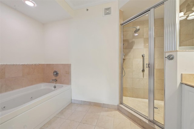 bathroom featuring separate shower and tub, tile patterned flooring, and vanity