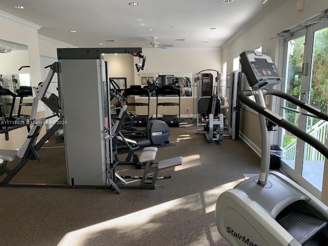 workout area with crown molding