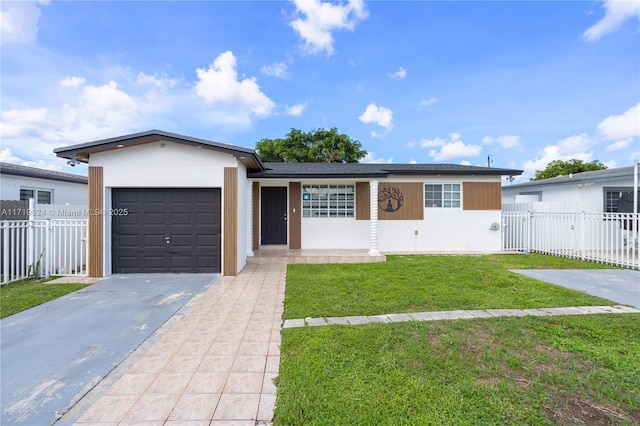 single story home featuring a front lawn and a garage