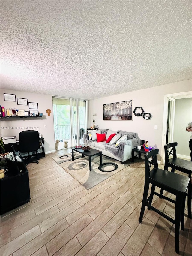 living room featuring light hardwood / wood-style flooring and a textured ceiling