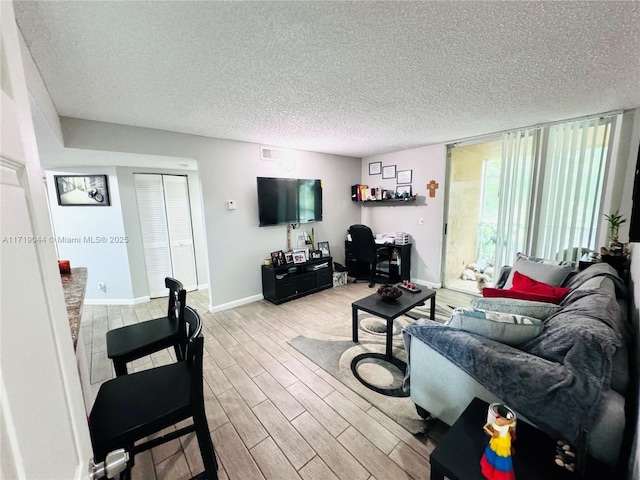 living room featuring light hardwood / wood-style floors and a textured ceiling