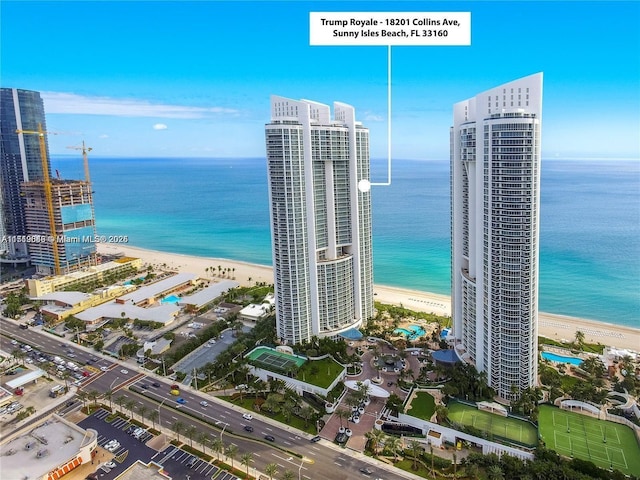 aerial view with a view of the beach and a water view