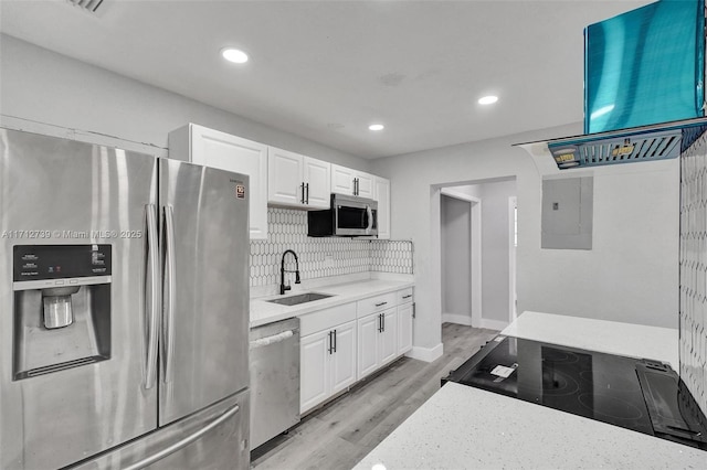 kitchen with electric panel, white cabinets, sink, light stone countertops, and stainless steel appliances