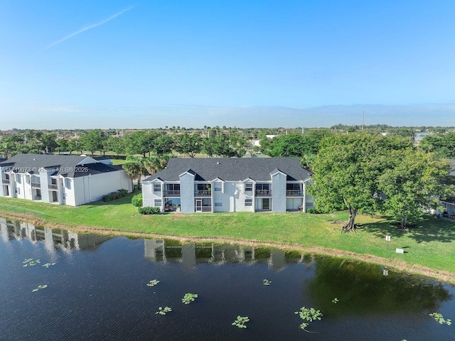 exterior space with a water view