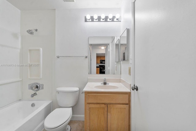 full bathroom featuring vanity,  shower combination, toilet, and tile patterned flooring