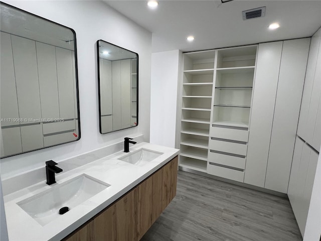 bathroom featuring hardwood / wood-style flooring and vanity