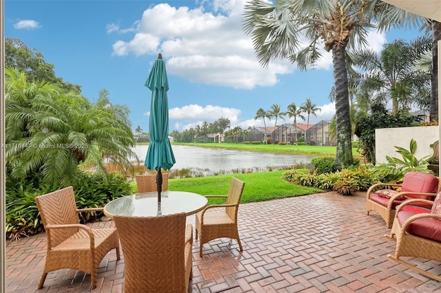 view of patio / terrace featuring a water view