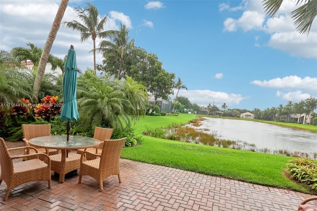 view of patio / terrace featuring a water view