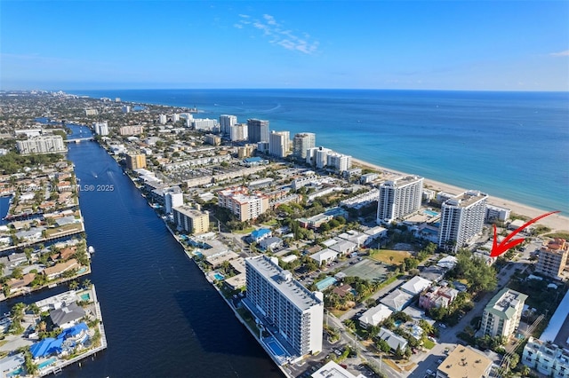 drone / aerial view featuring a water view