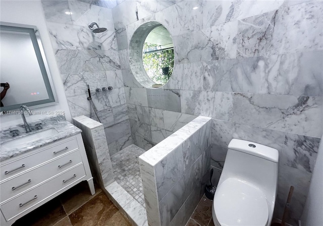 bathroom with vanity, toilet, and a shower