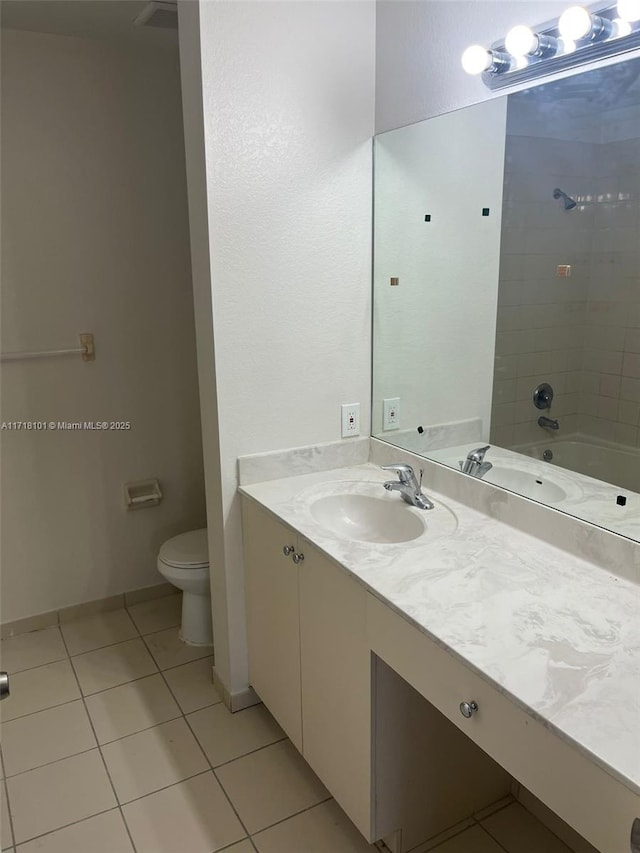 full bathroom featuring tile patterned flooring, vanity, toilet, and tiled shower / bath