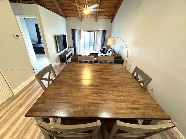 dining room with ceiling fan, wooden ceiling, light wood-type flooring, and vaulted ceiling with beams