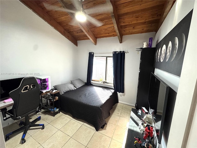 tiled bedroom featuring ceiling fan, wood ceiling, and vaulted ceiling with beams