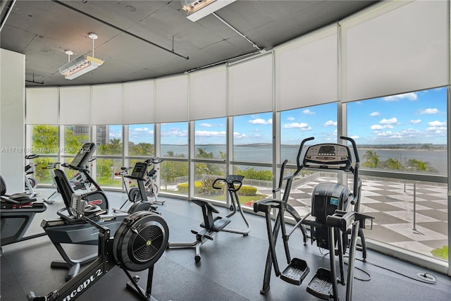 workout area featuring a wealth of natural light, a water view, and expansive windows