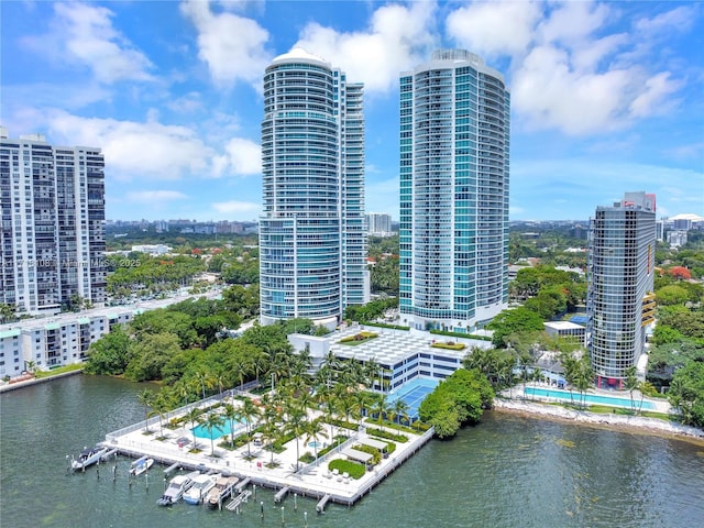 birds eye view of property featuring a water view