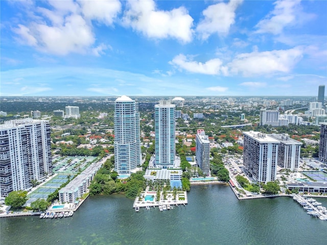 aerial view featuring a water view