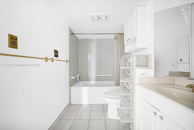 full bathroom with toilet, tile patterned floors, vanity, and shower / tub combo with curtain