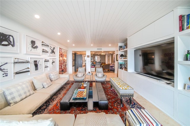 living room featuring built in features and wood ceiling