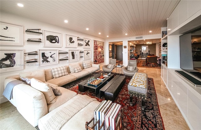 living room featuring built in features, light tile patterned flooring, and wooden ceiling