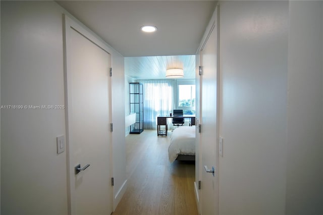 corridor featuring expansive windows and light wood-type flooring