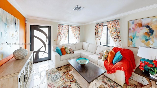 tiled living room featuring crown molding