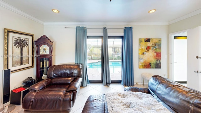 tiled living room featuring crown molding