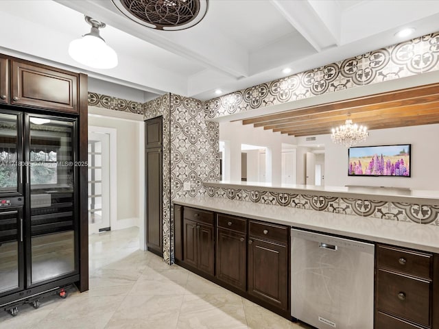 kitchen featuring tasteful backsplash, hanging light fixtures, dark brown cabinets, and stainless steel dishwasher